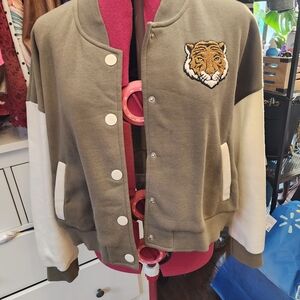 Green and White Varsity Jacket with Tiger Patch